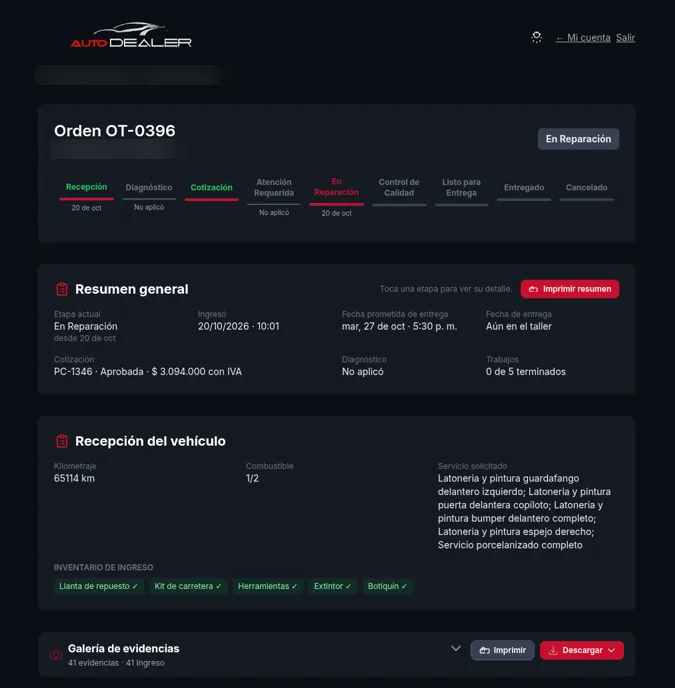 Portal de seguimiento Auto Dealer: línea de tiempo con etapas Recepción, Diagnóstico, Cotización, En Reparación, Control de Calidad, Listo y Entregado